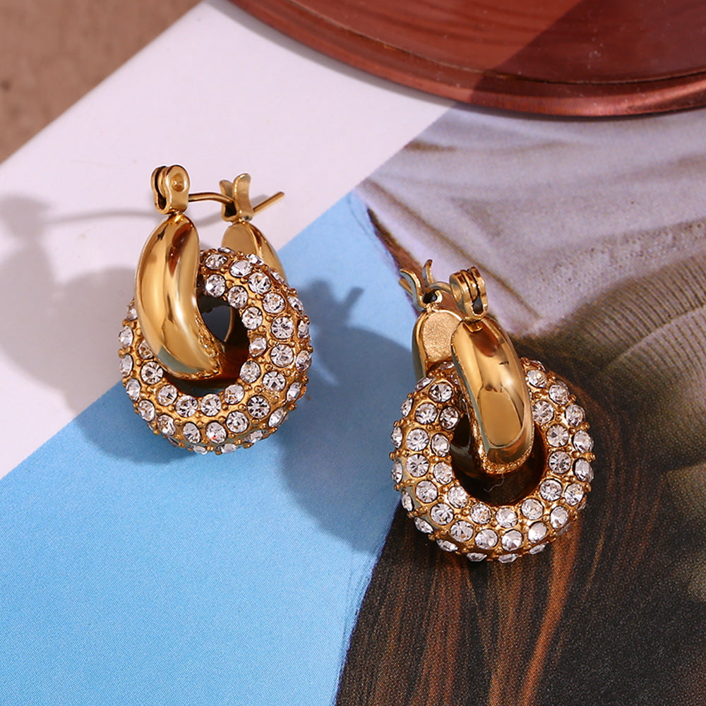 Fashionable Minimalist Geometric Stainless Steel Plated 18K Gold Micro-Paved Hoop Earrings for Women