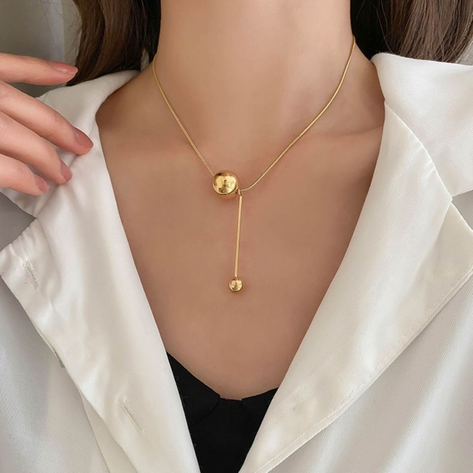Collana Minimalista con Pendente a Sfera Geometrico in Acciaio al Titanio Placcato Oro per Donna, Catena a Serpente, Gioielli Estivi per la Clavicola
