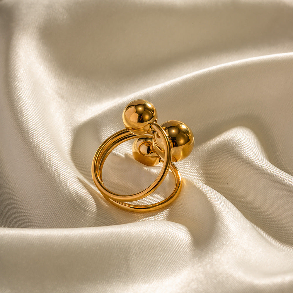Fashionable 18K Gold Plated Stainless Steel Geometric Three-Ball Open Ring for Women