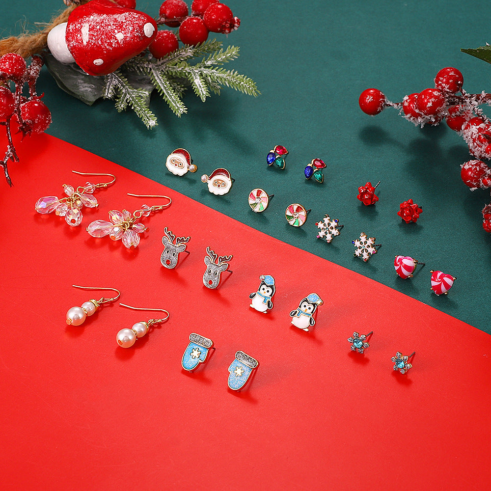 Ins Style Christmas Themed Alloy Stud Earrings with Snowflake Reindeer and Santa Claus Motifs for Women Electroplated with 14K Gold Posts