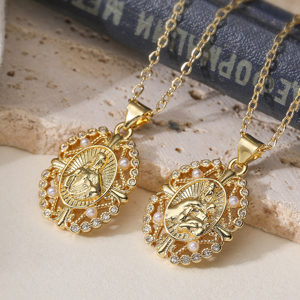 Minimalist Geometric 18K Gold Plated Brass Pendant with Cubic Zirconia and Pearl