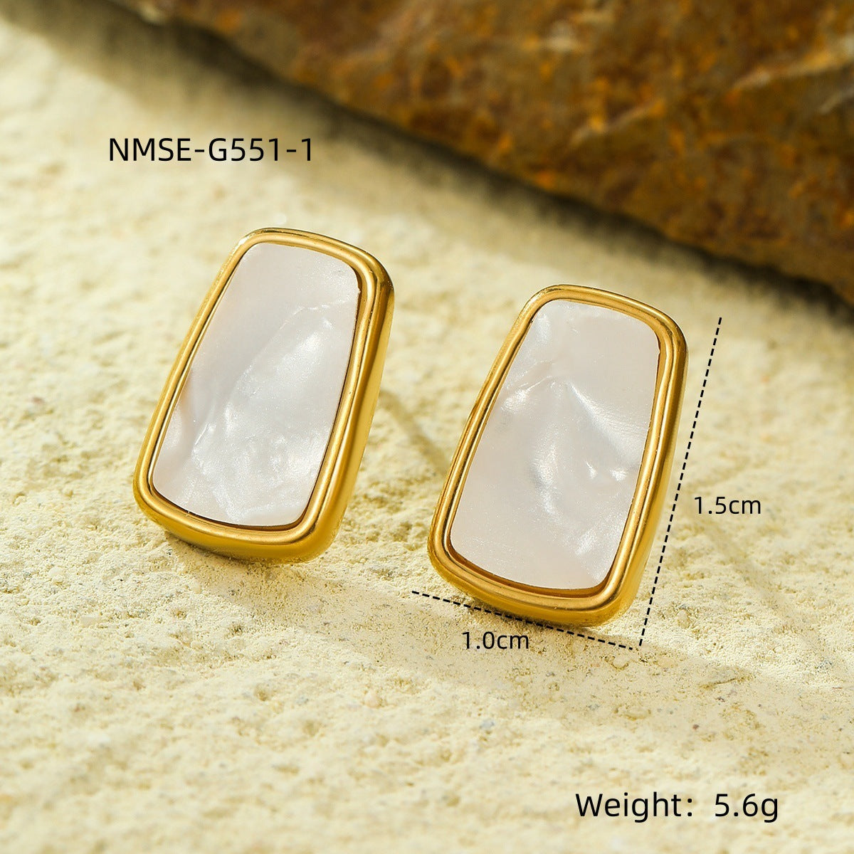 Fashionable Trapezoidal Stainless Steel Stud Earrings with Gold-Plated Edge and White Mother-of-Pearl Inlay for Women