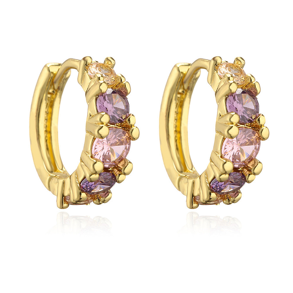 Orecchini a Cerchio Minimalisti Geometrici in Rame con Placcatura in Oro Vero e Intarsi in Zirconi per Donna