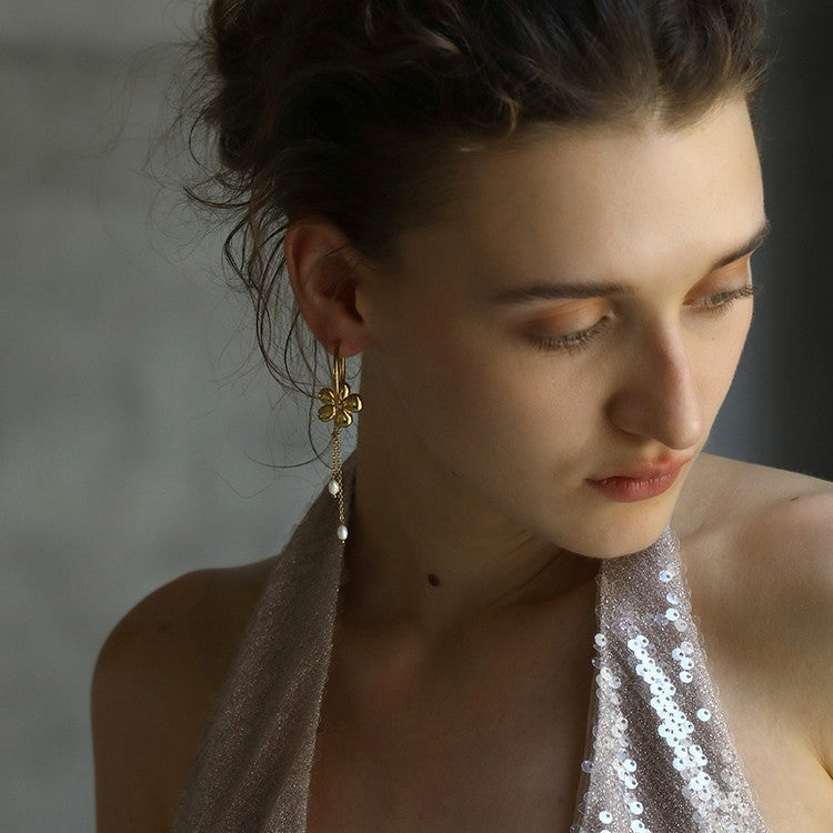 Minimalist Floral Stainless Steel Earrings with 18K Gold Plating, Pearl and Tassel Accents for Women