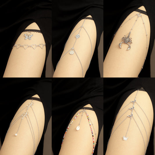Geometric Alloy Leg Chain for Women with Elastic Band, Lace Trim and Tassel Detail for Beach Summer Wear