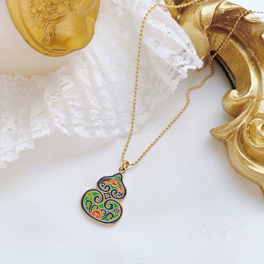 Vintage Colorful Enamel Gourd Geometric Titanium Steel Long Necklace for Unisex