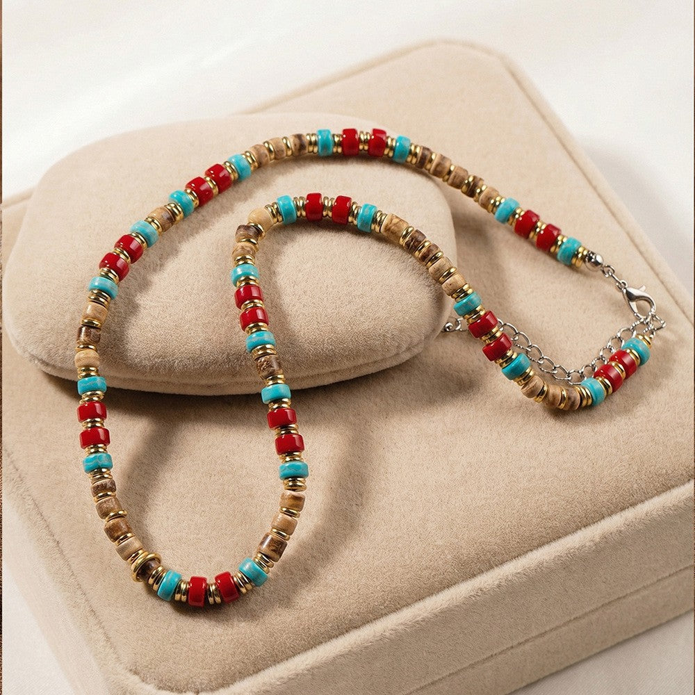 Bohemian Geometric Wood Bead Turquoise Short Necklace for Men