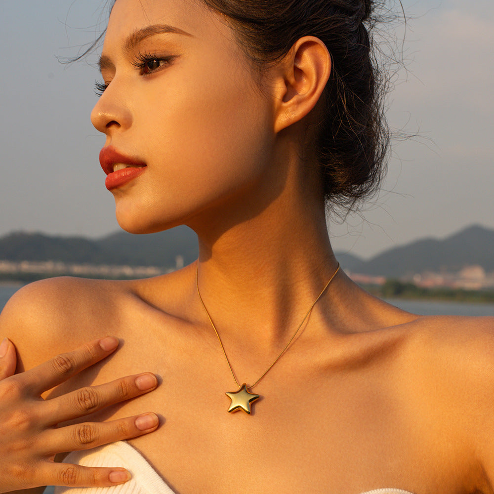 Minimalist 18K Gold Plated Star Stainless Steel Snake Chain Necklace for Women