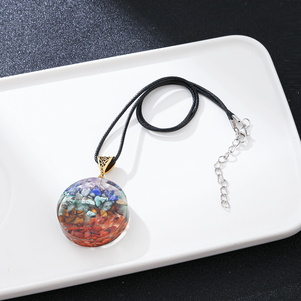 Geometric U-Shaped Resin Pendant Necklace with Colorful Natural Stone Inlay for Unisex Hip-Hop Style