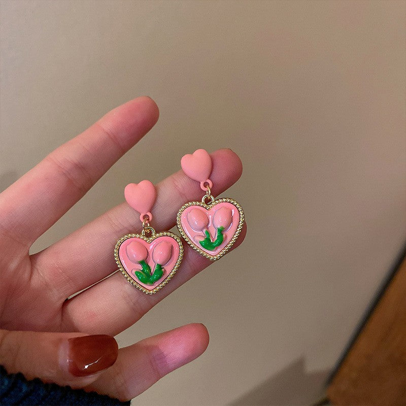 Chic Vintage Heart-Shaped Enamel Earrings with 925 Sterling Silver Posts for Women