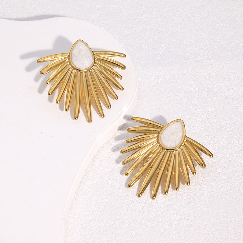 Fashion Geometric Fan Shape Stainless Steel Earrings with 18K Gold Plating and Enamel Drop Oil Finish for Women