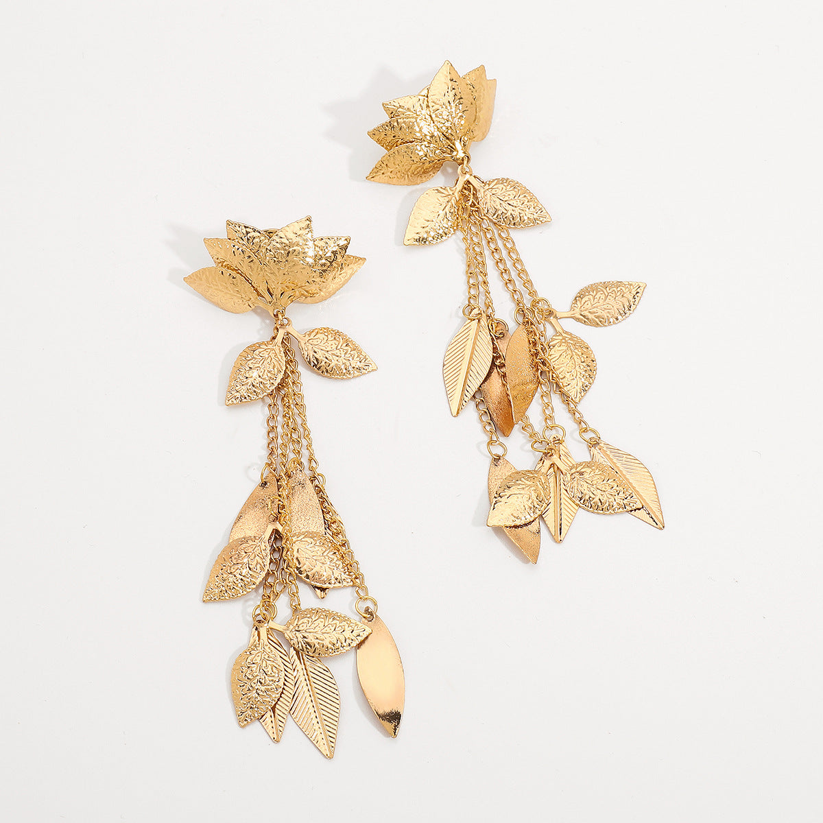 Oversized Lotus Tassel Earrings for Women with Plated Iron Floral Design and Bohemian-Inspired Statement Style