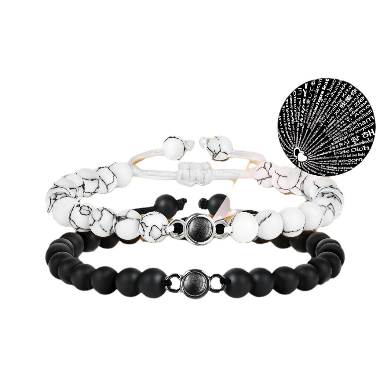 Minimalist Unisex Handmade Braided Projection Stone Bracelet Set with Matte Black Agate and White Turquoise Beads