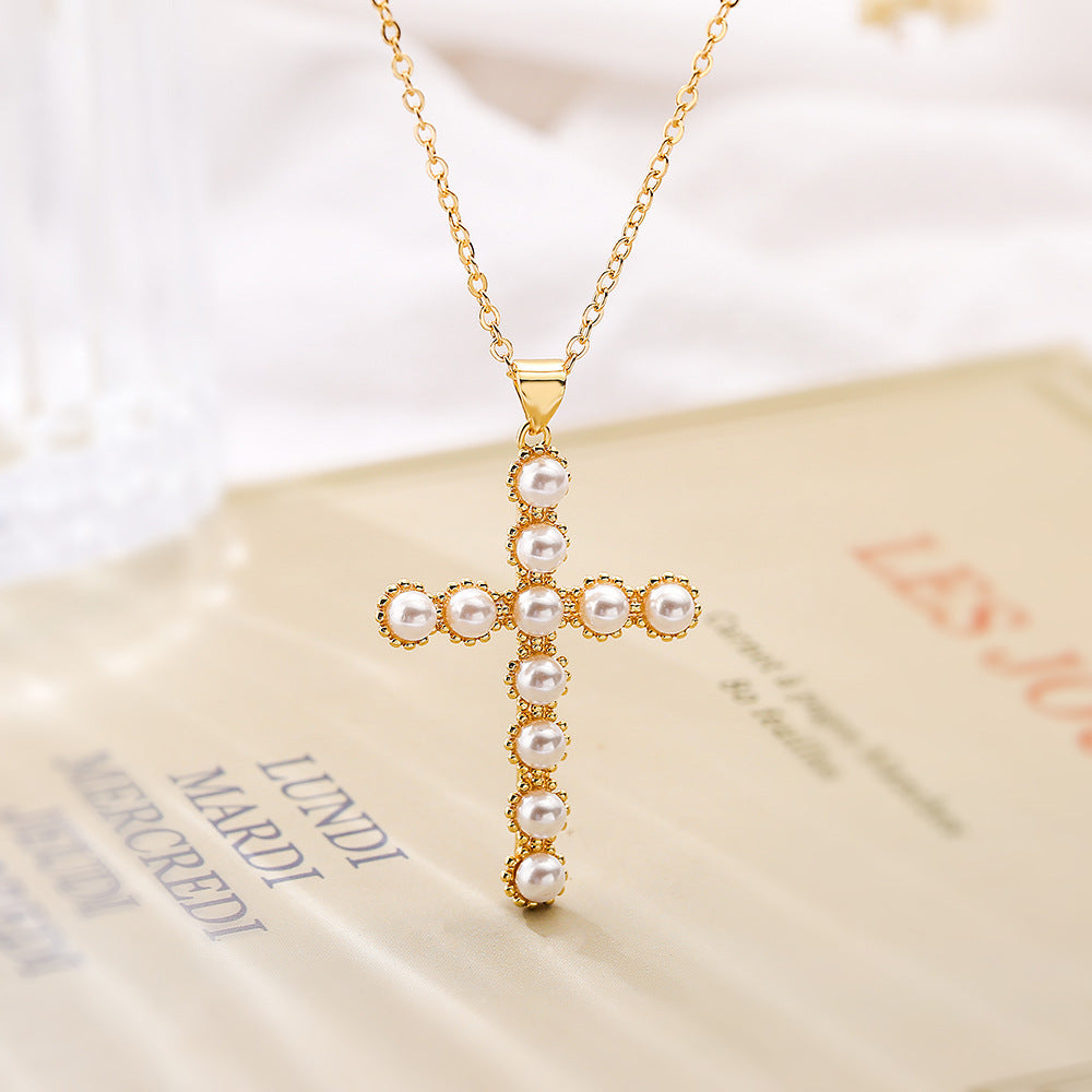 Minimalist Geometric Pendant Necklace for Women with Copper Base Plated in Real Gold and Pearl Inlay