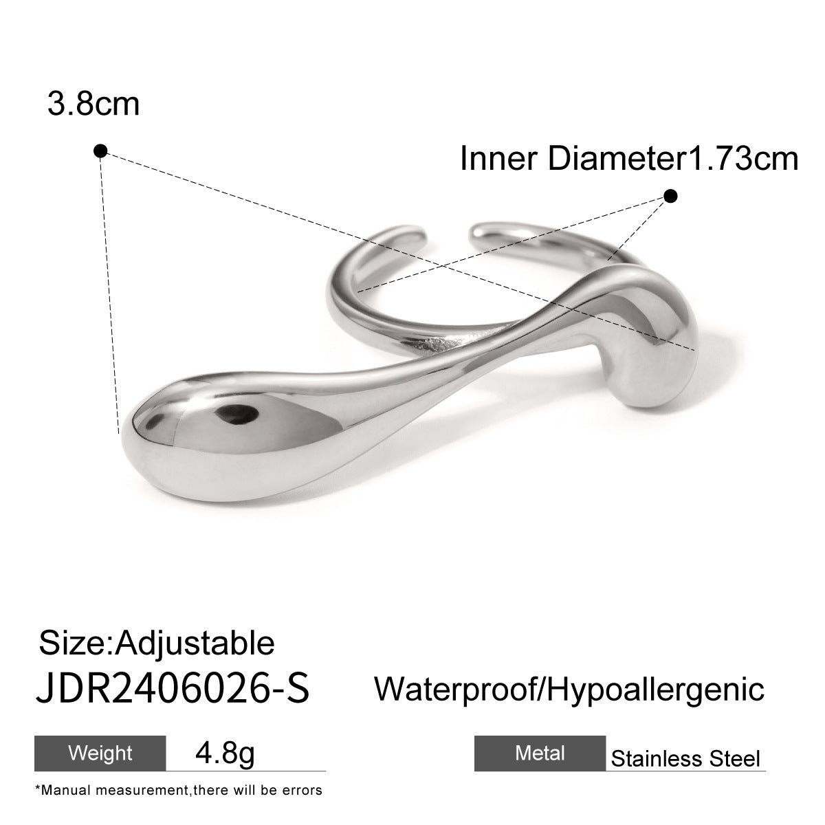 Anello aperto da donna minimalista con goccia d'acqua irregolare in acciaio inossidabile placcato oro 18 carati