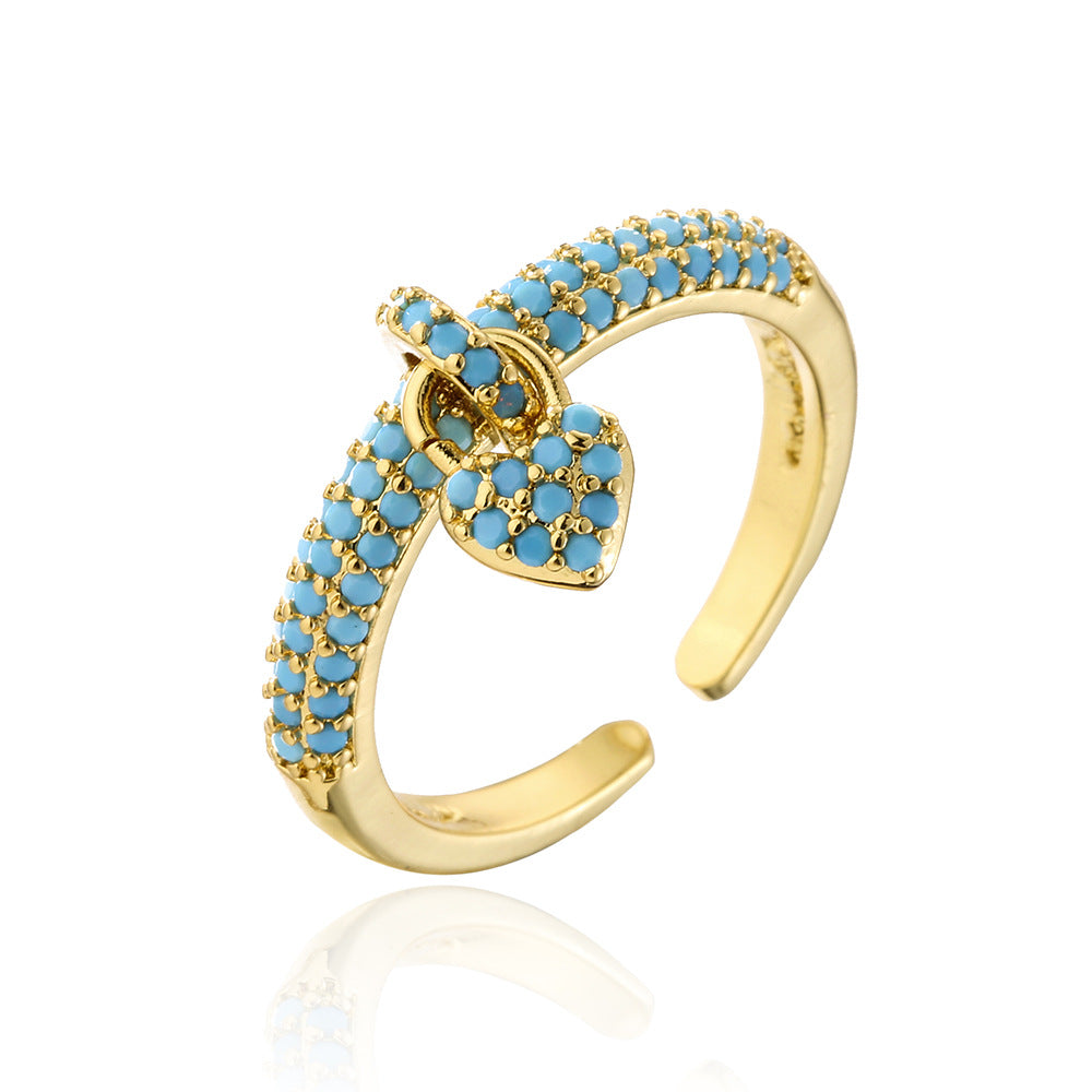 Anello aperto da donna placcato oro 18 carati con micro-pavé di zirconi a forma di cuore, stile retrò alla moda