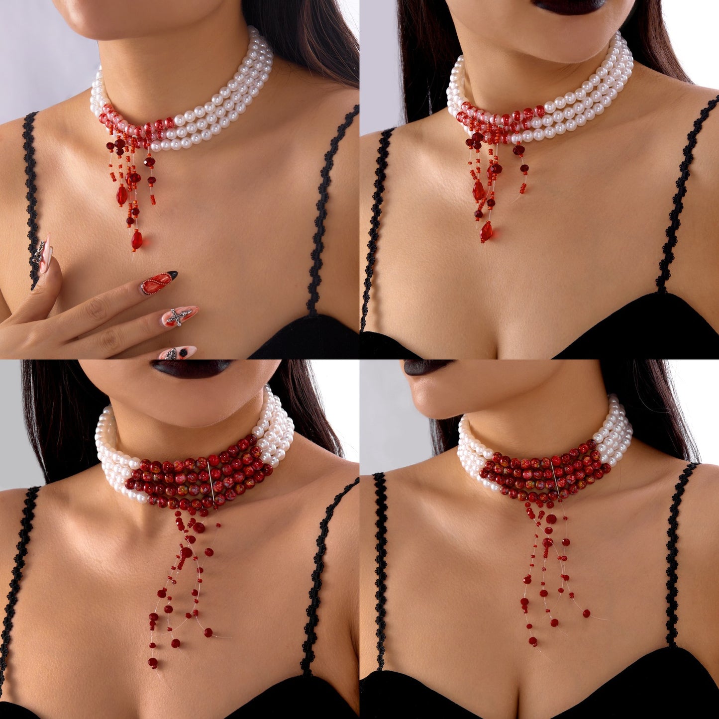 Collar gótico oscuro de Halloween con borla de gota de sangre, perlas multicapa y colgante de diamantes de imitación en cadena de perlas