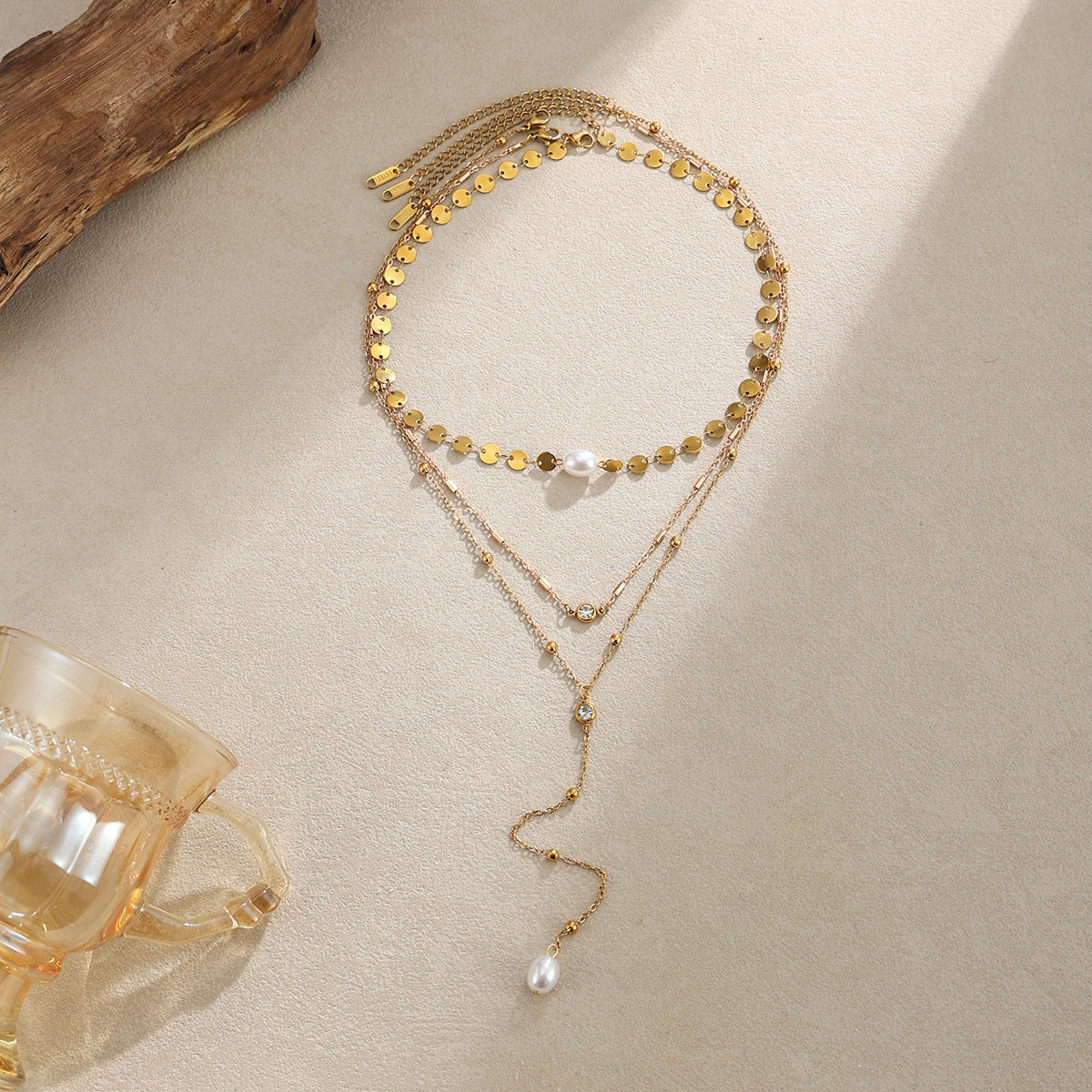 Minimalist PVD Coated Stainless Steel Y-Shape Necklace with Faux Pearl Pendant and Cubic Zirconia Inlay