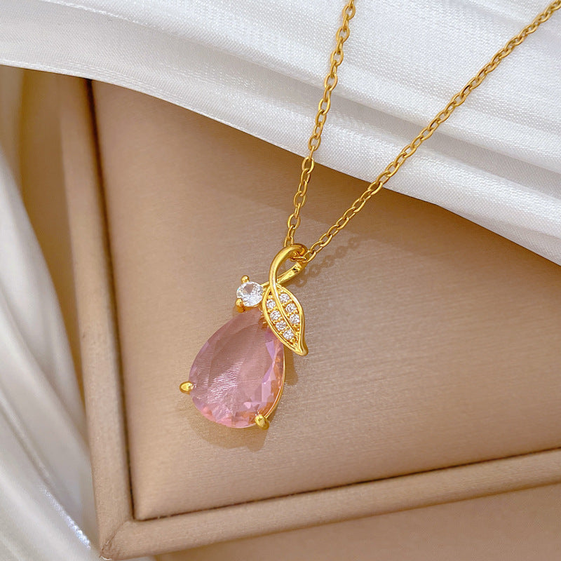 Sweet Elegant Leaf Teardrop Rhinestone Plated Titanium Steel Necklace for Unisex