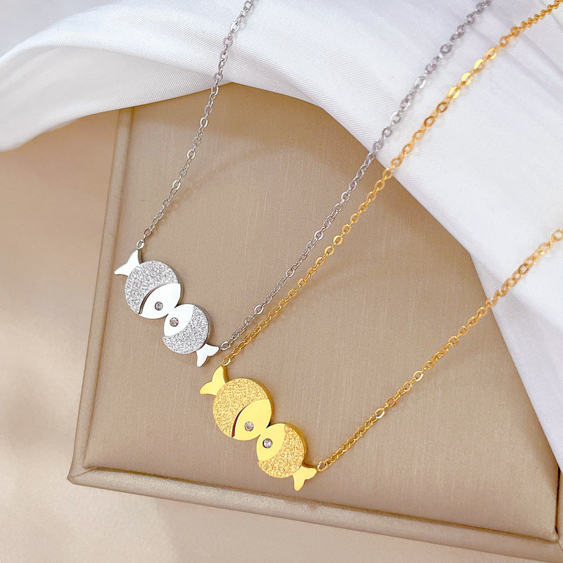 Minimalist Kissing Fish Pendant Necklace in Titanium Steel with Gold Plating for Women and Men