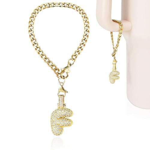 Cubic Zirconia Inlaid Brass Letter Charm Bar with Plated Finish
