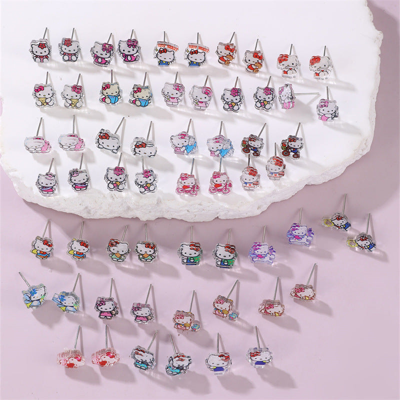 Bonito conjunto de pendientes de tuerca con lazo de gato de dibujos animados de KT para niñas, joyería de resina plástica para niños, regalo de cumpleaños o Año Nuevo