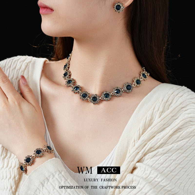 Vintage Floral Flower Earrings Bracelet Necklace Set for Women Alloy Jewelry with Rhinestone Inlay Locket Chain Minimalist Elegant Luxury Style