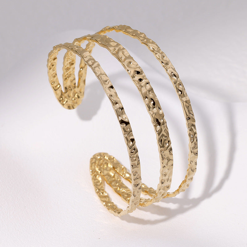Minimalist Geometric Stainless Steel Bracelet with Irregular Textured Lines for Women