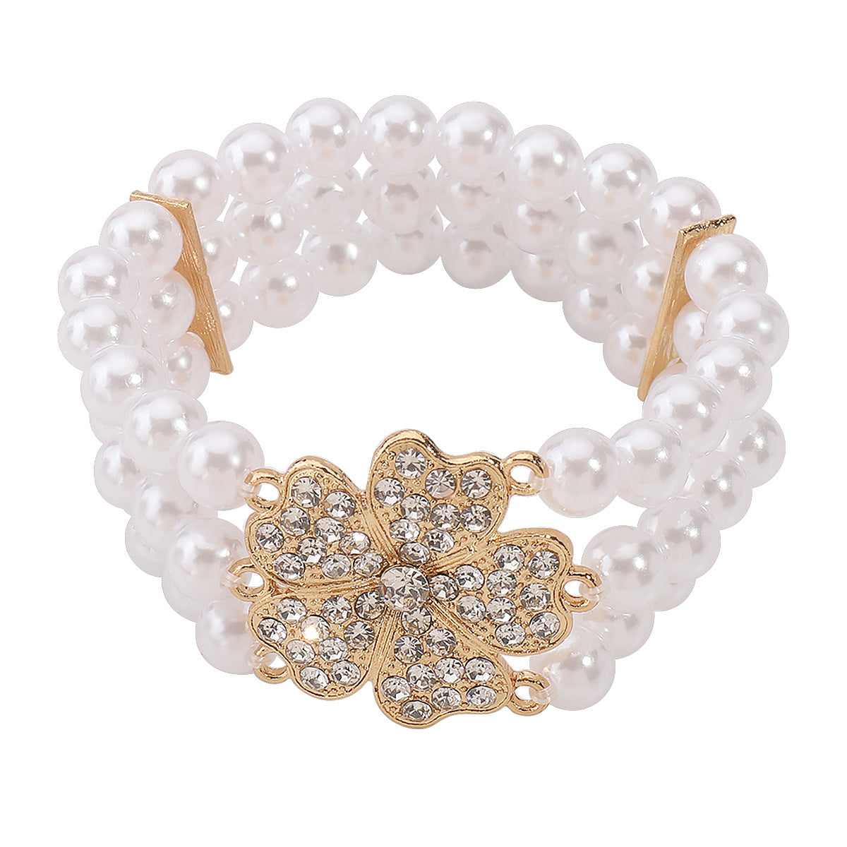 Elegante conjunto de collar con dije floral, perlas de imitación blancas y diamantes de imitación de cristal sobre aleación chapada en oro para mujer