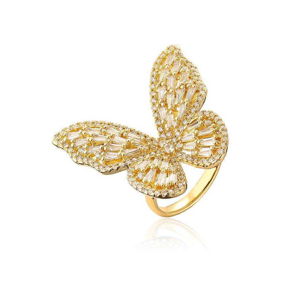 Elegant Luxury Butterfly-Shaped Ring for Women Made of Copper with Real Gold Plating and Micro-Pavé Colored Zirconia