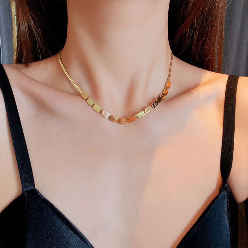 Minimalist Geometric Square Smile Titanium Steel Necklace for Women with Snake Chain