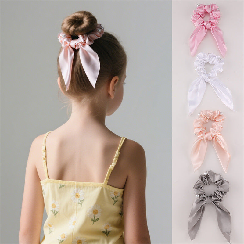Minimalist Cartoon Character Ribbon Hair Tie Set for Kids with Satin Fabric and Macaron Color Accents