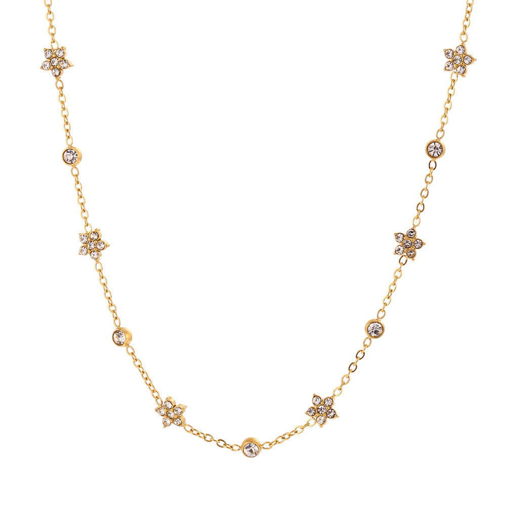 Minimalist Geometric Floral Pendant Necklace for Women in Stainless Steel with Titanium Steel Charm and Rhinestone Inlay on Cable Chain