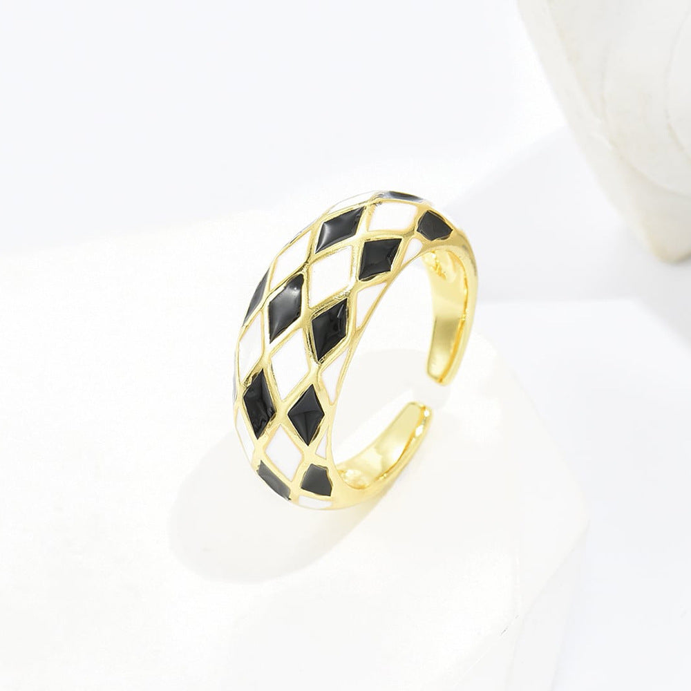 Vintage Geometric Diamond Black and White Checkered Enamel Copper Ring 18K Gold Plated Open Adjustable for Women