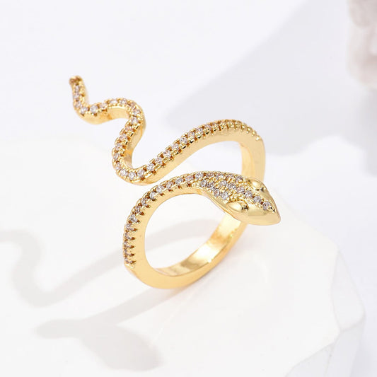 Geometric Snake-Shaped Copper Ring with 18K Gold Plating and Zircon Inlay for Women