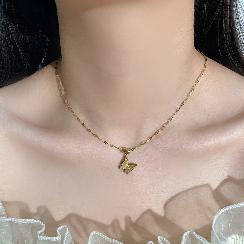 Minimalist Luxury Matte Gold Plated Titanium Steel Butterfly Necklace