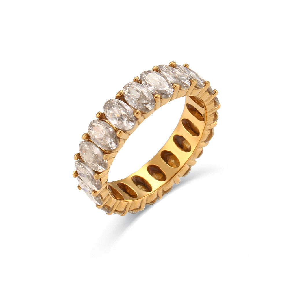 Anillo ovalado chapado en acero inoxidable minimalista de moda para mujer con acento de circonita