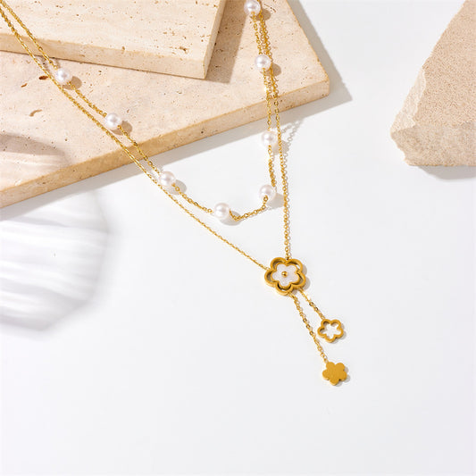 Minimalist Fashion Double-Layer Pearl Flower Pendant Titanium Steel Necklace with Tassel and Chain