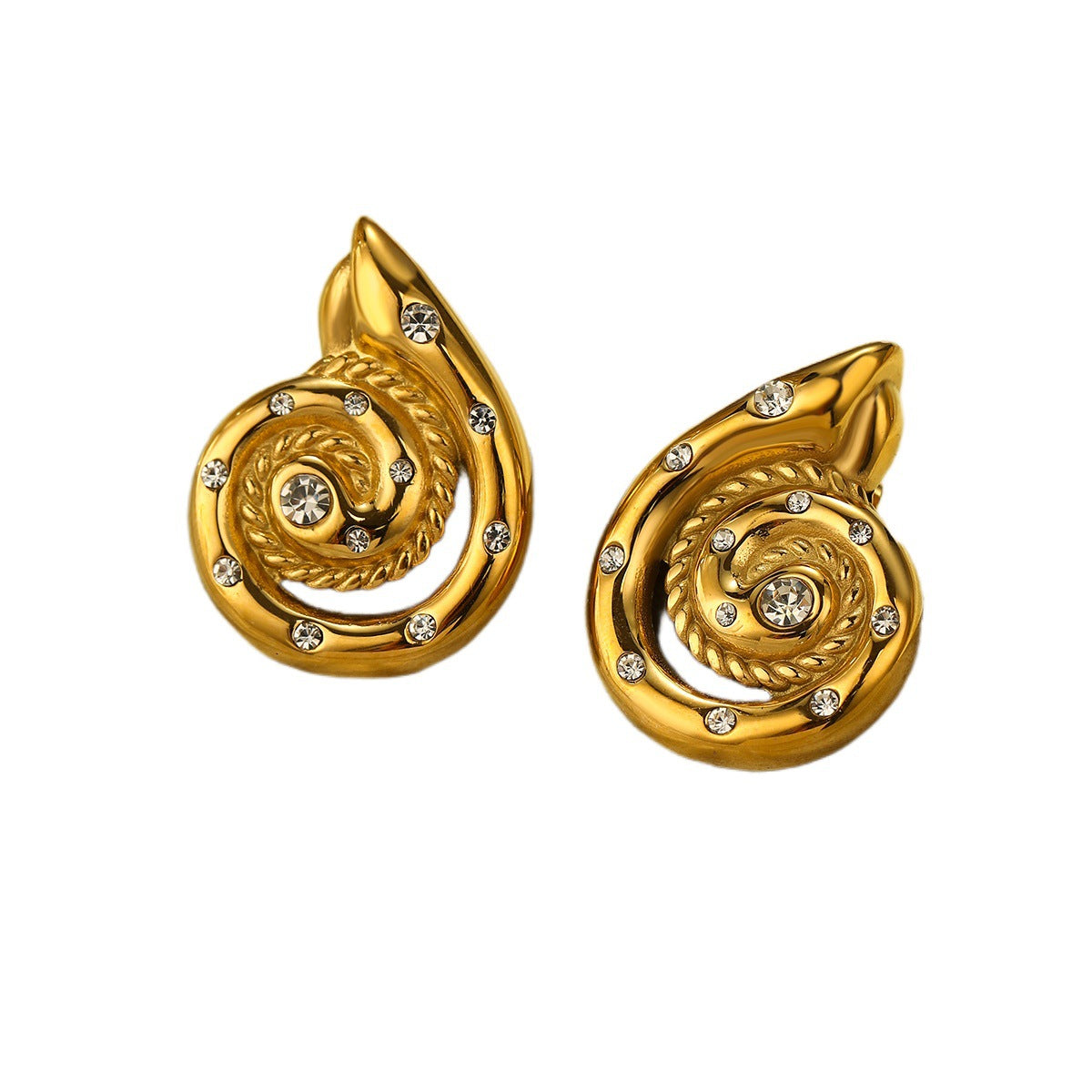 Orecchini alla moda a forma di conchiglia in acciaio al titanio da donna con intarsio in strass e finitura galvanica
