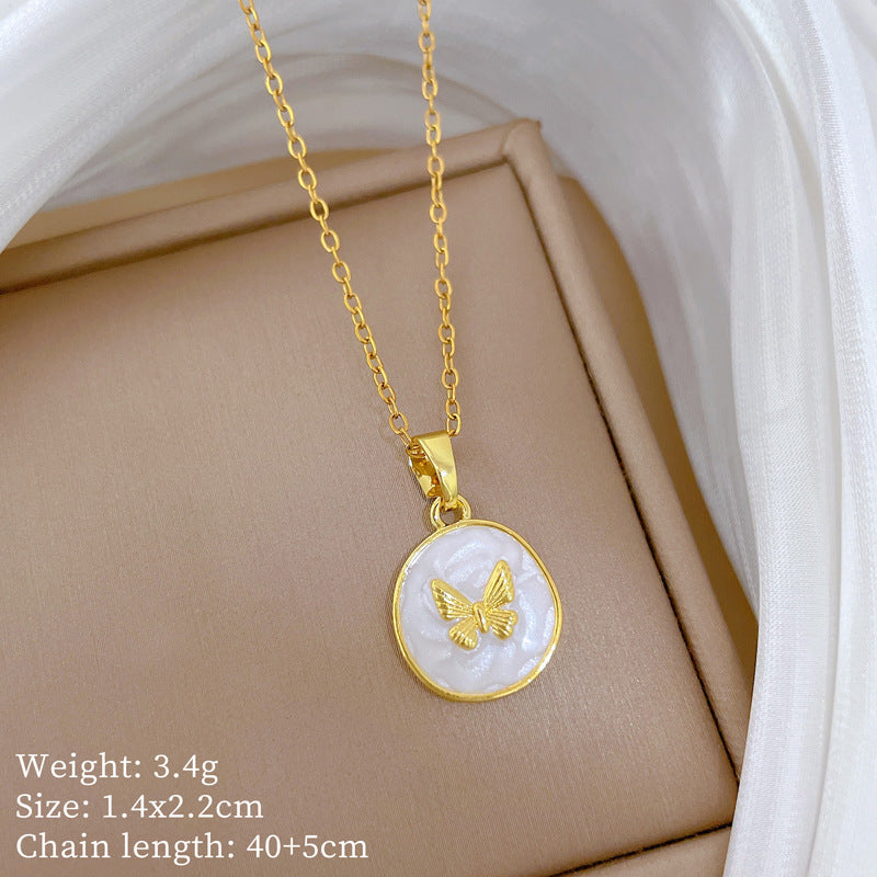 Sweet Elegant Round Drip Oil Butterfly Rhinestone Necklace Titanium Steel Cable Chain Unisex