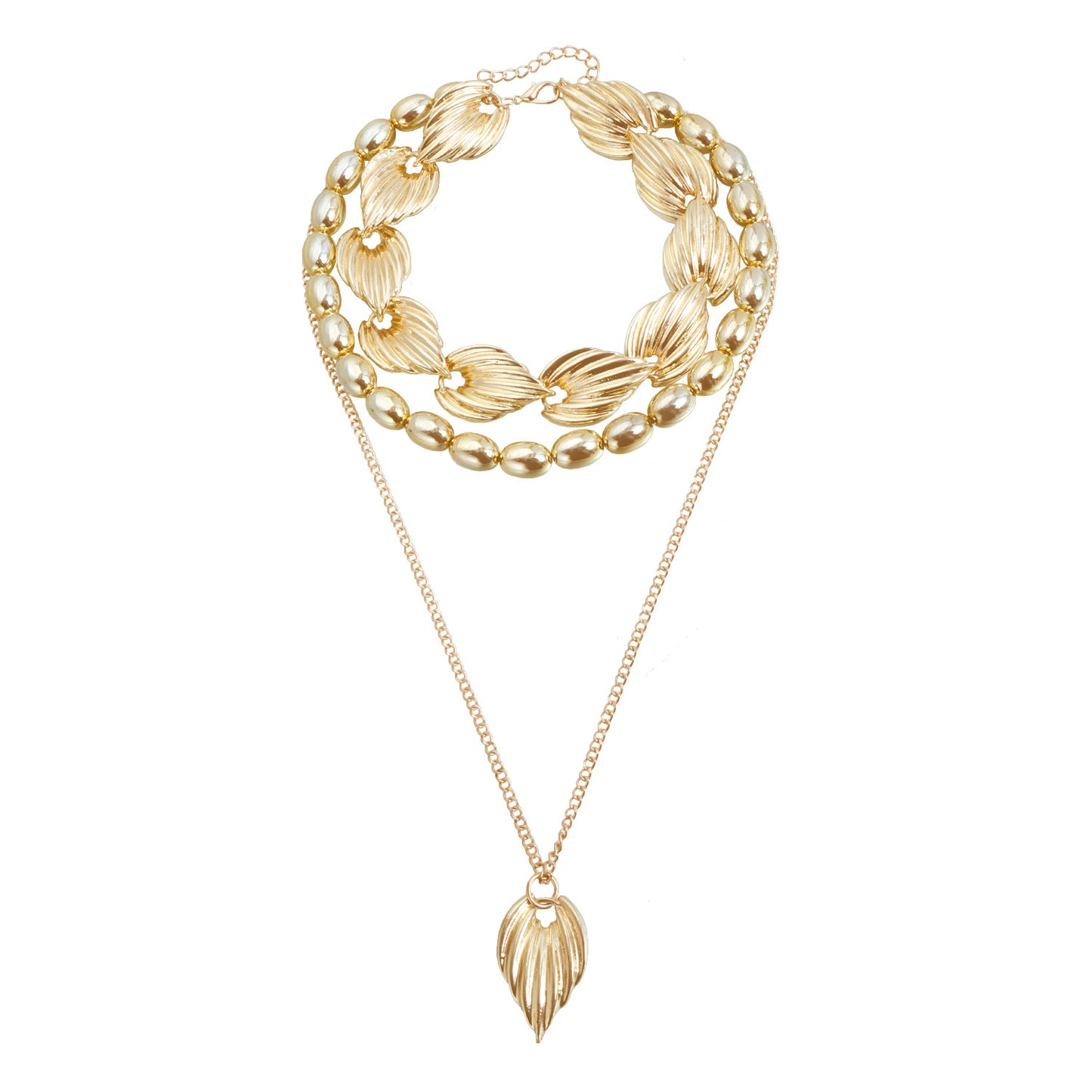 Vintage Textured Leaf Pendant Necklace Wheat Tone Alloy Geometric Statement Chain for Women and Men