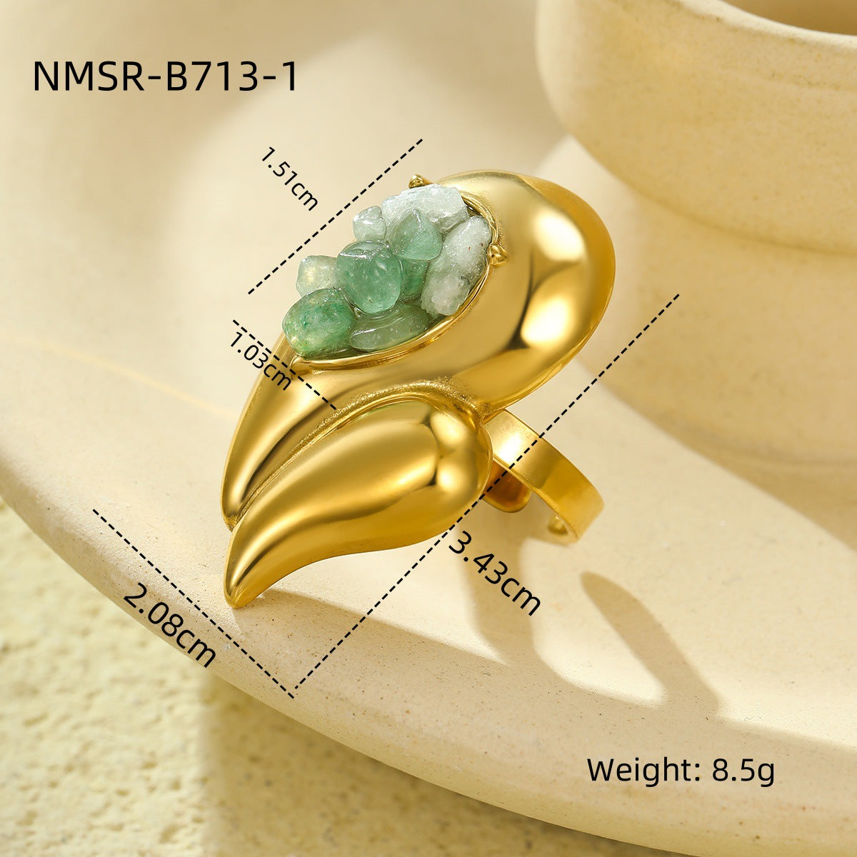 Vintage Oversized Stainless Steel Double-Layer Water-Drop Shaped Ring with Natural Stone Inlay and Plated Finish for Women
