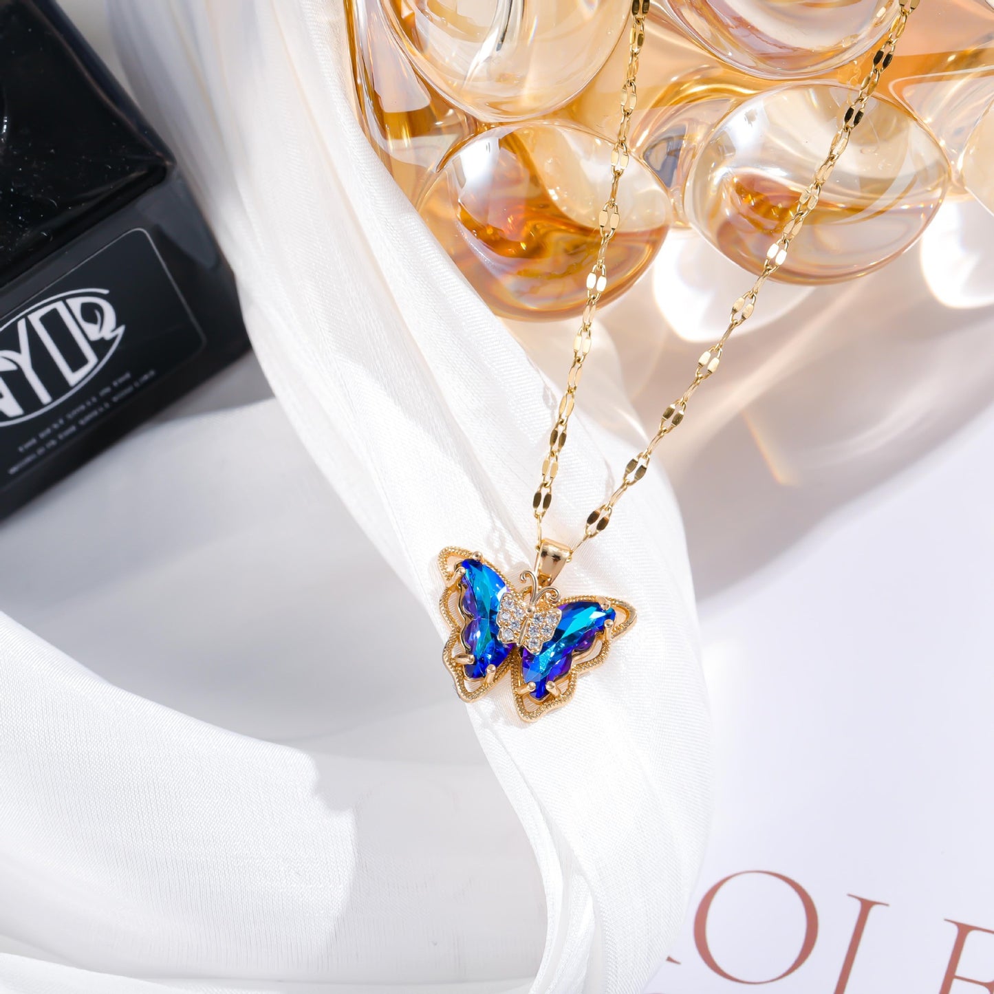 Minimalist Elegant Gold Plated Titanium Steel Butterfly Necklace with Crystal Inlay for Women