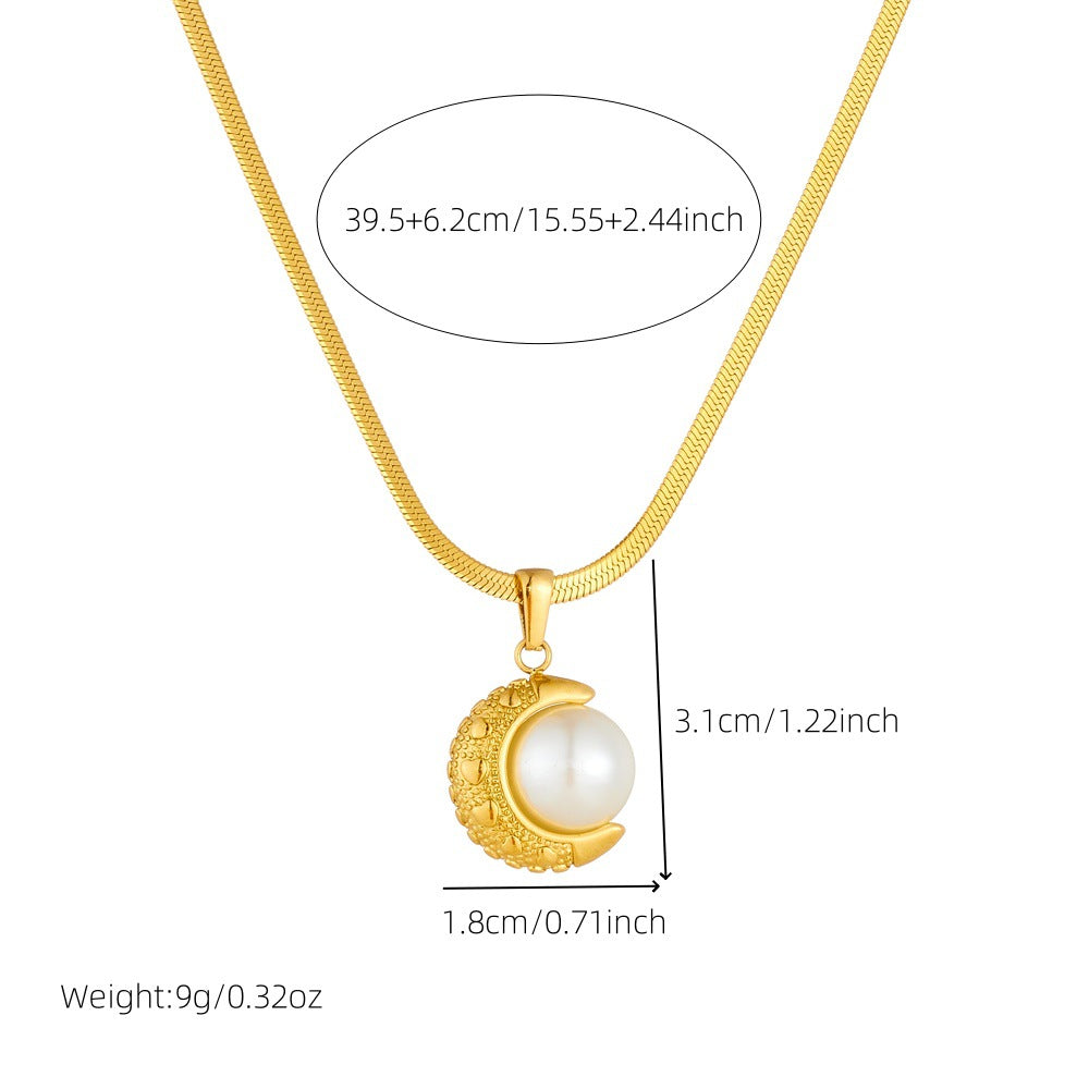 Vintage Elegant Gold Plated Moon Stainless Steel Pearl Pendant Blade Chain Necklace for Women