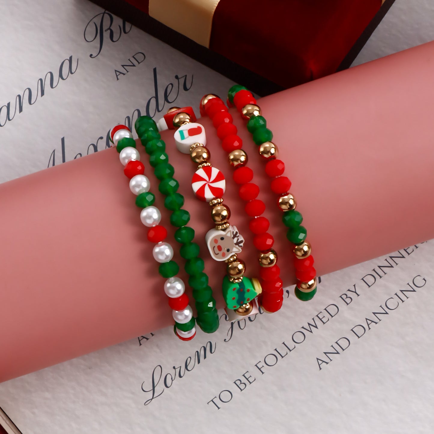 Geometric Style Handmade Polymer Clay Elastic Bracelet for Women with Plated Finish Christmas Gift