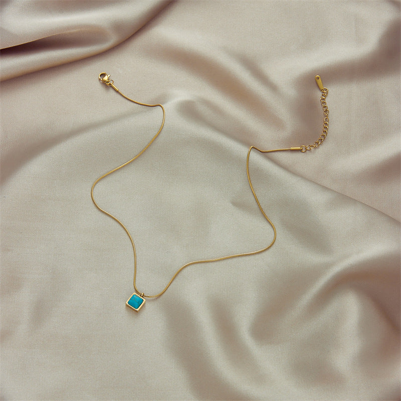 Vintage Minimalist Square Turquoise Pendant Necklace in Titanium Steel with Plated Finish and Standard Chain
