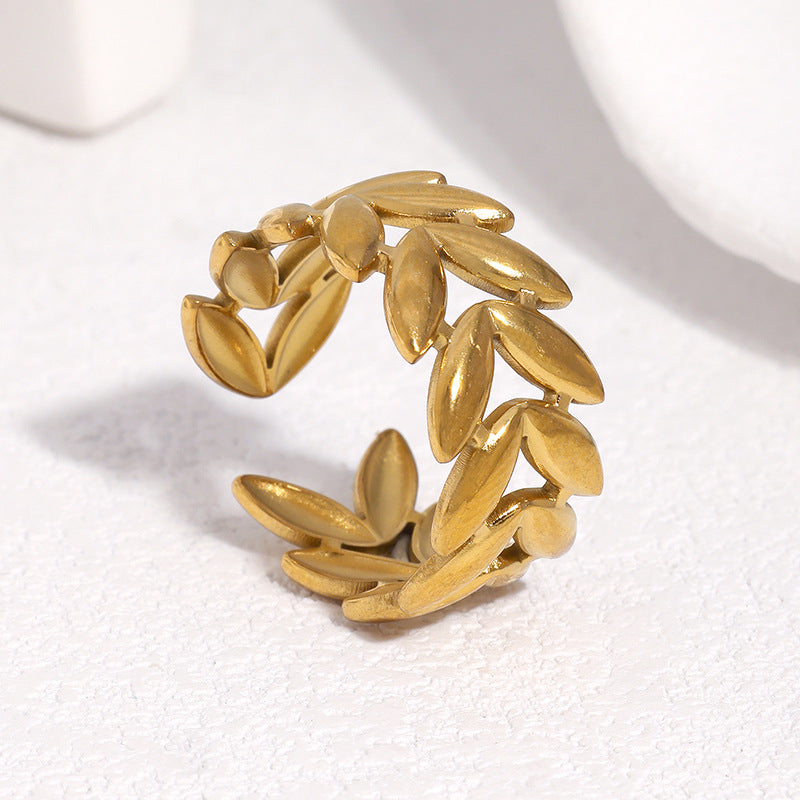 Minimalist Sweet Leaf Shape Gold Plated Stainless Steel Ring for Women