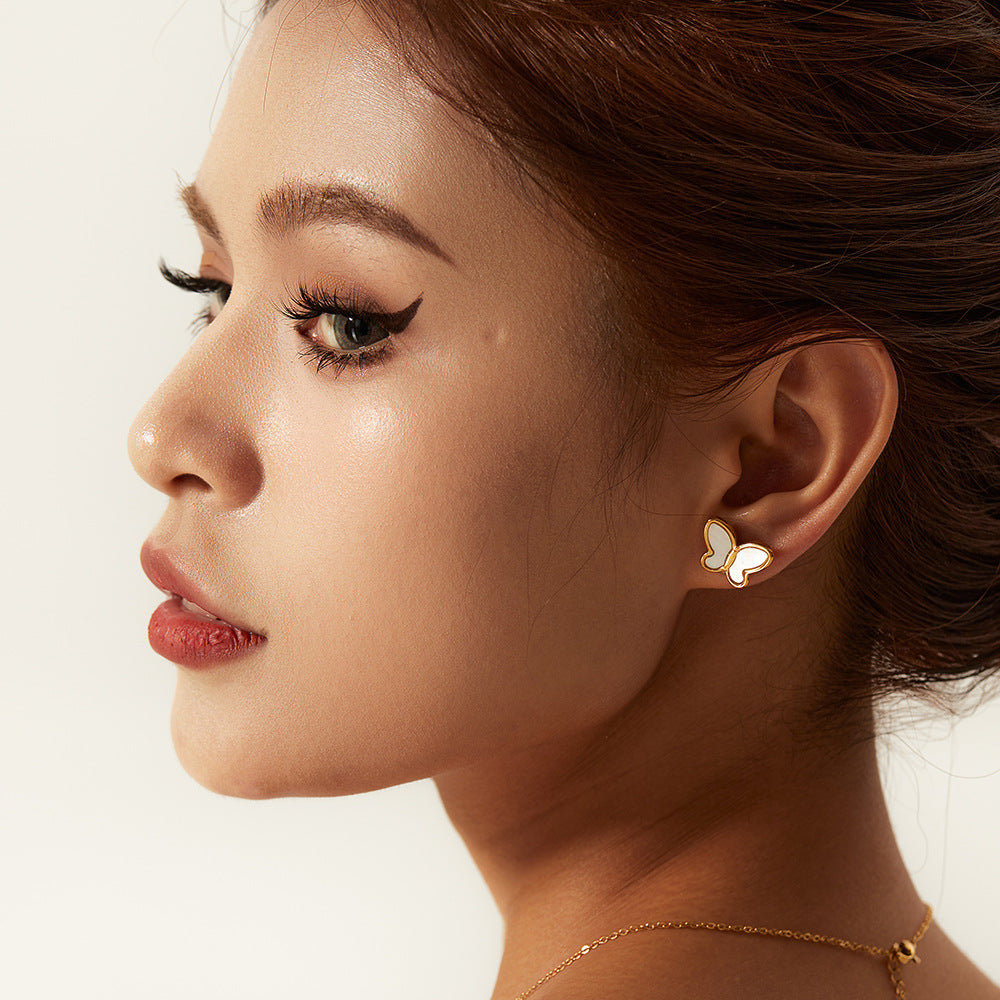 Minimalist Butterfly 18K Gold Plated Stainless Steel Necklace and Earrings Set with Natural White Shell