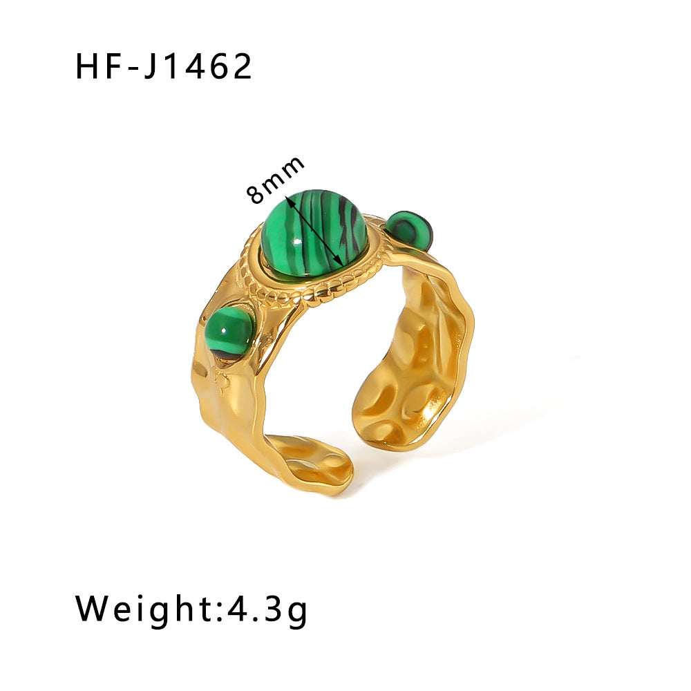Vintage Geometric Round Emerald Green Natural Stone Stainless Steel Ring with 18K Gold Plating