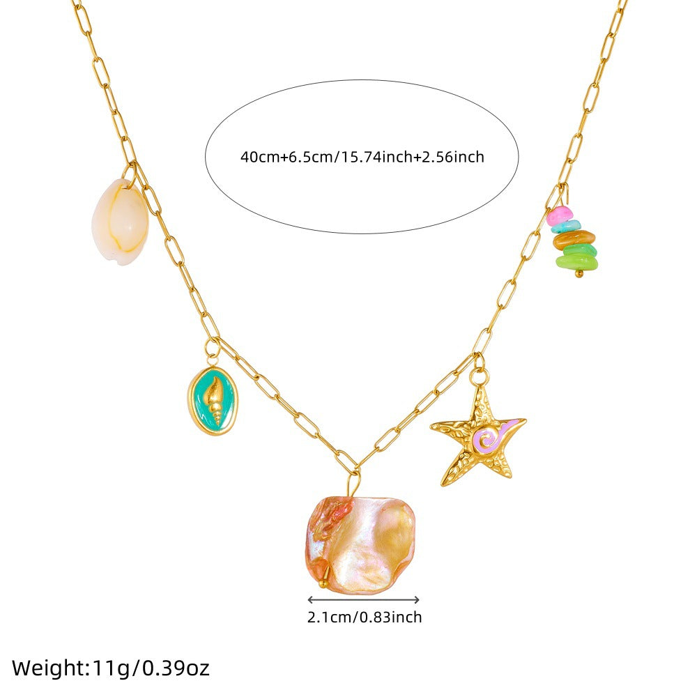 Sweet Gold Plated Drip Oil Starfish Shell Stainless Steel Necklace with Colorful Gemstones for Women